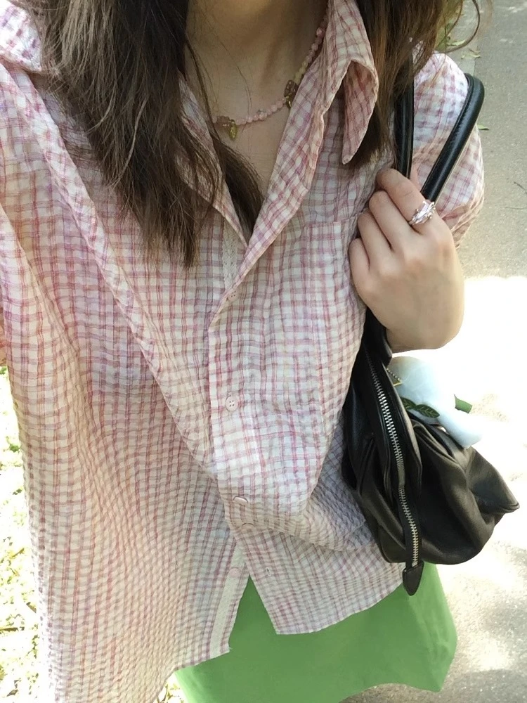 miu系穿搭粉色衬衫短袖女夏季穿搭肌理感格子衬衣宽松学院风上衣