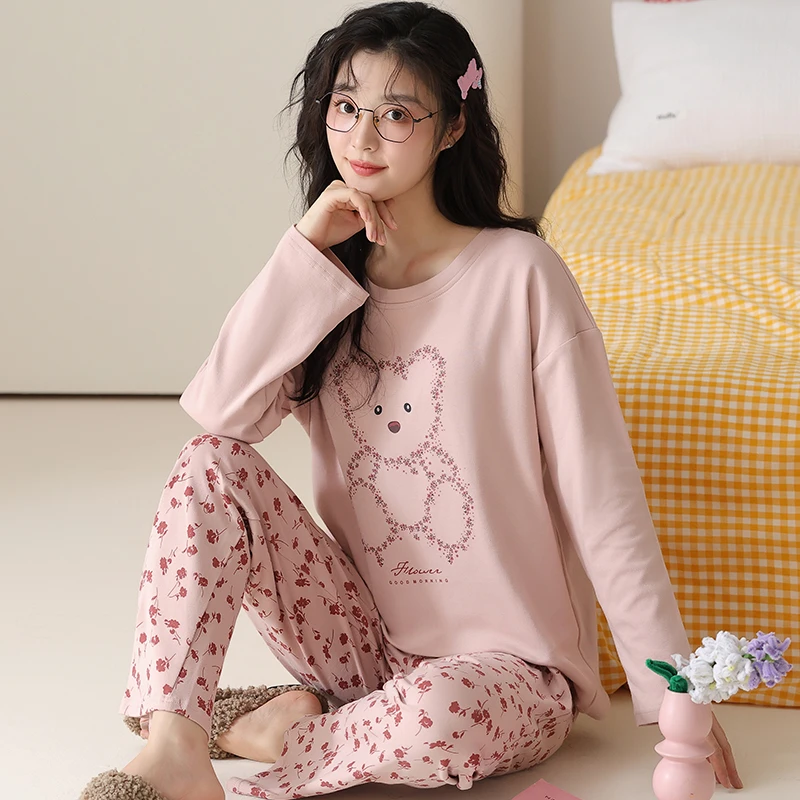卡之恋春秋季新款长袖纯棉藕粉碎花小熊萌趣家居服【四季通穿190g】