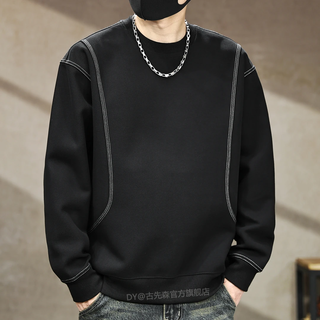 高端重磅400g圆领套头卫衣男秋季新款百搭明线宽松长袖上衣外套男