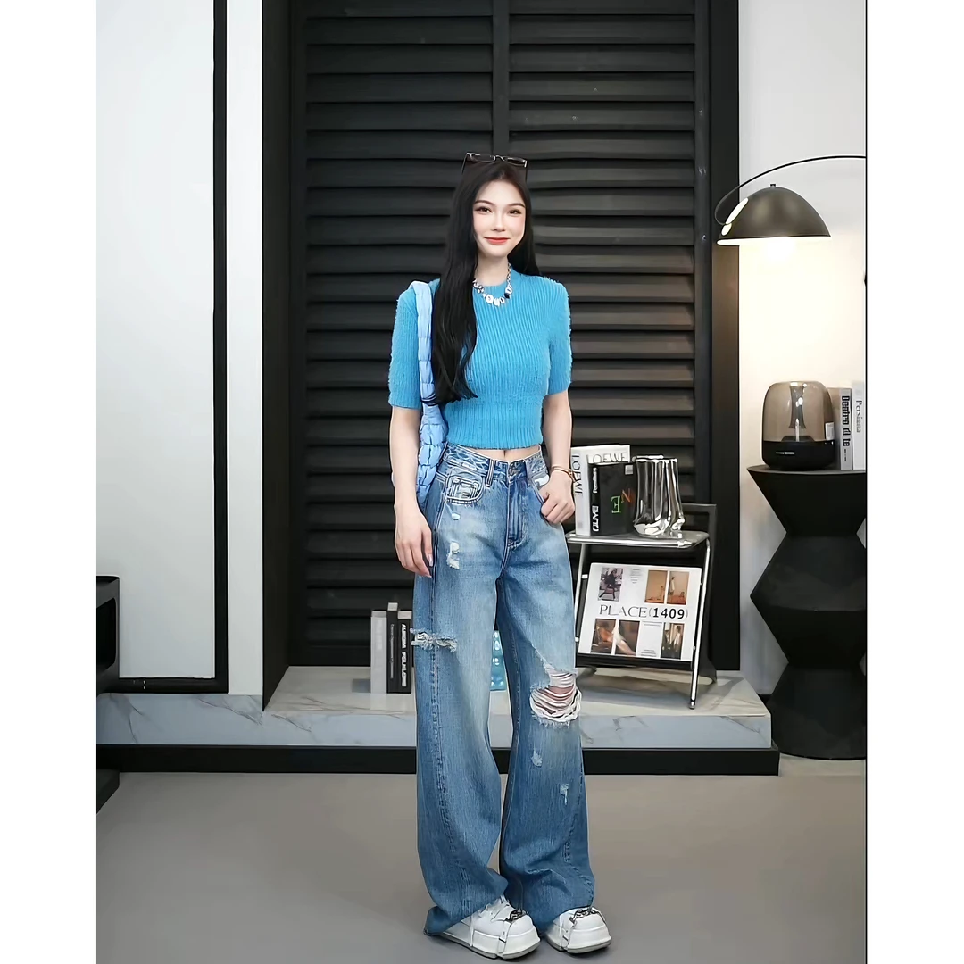 【TO&HR.GIRL】TFX052Y-蓝色牛仔裤女夏季破洞时髦高腰阔腿拖地裤