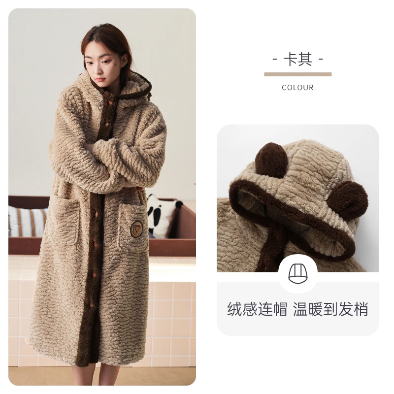 芬腾睡袍女款睡衣2025新款秋冬季珊瑚绒连帽加厚加绒可外穿家居服