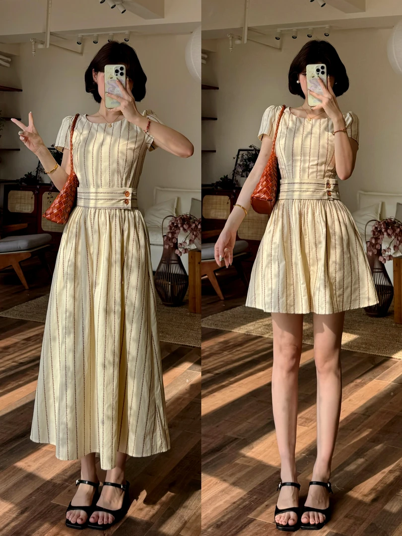 蕾英俊-芝士奶霜-夏季法式圆领杏色条纹优雅气质连衣裙JF6467