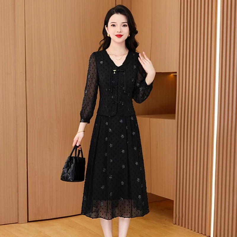 时尚气质新中式年轻妈妈套装女洋气贵夫人大码显瘦遮肚百搭两件套