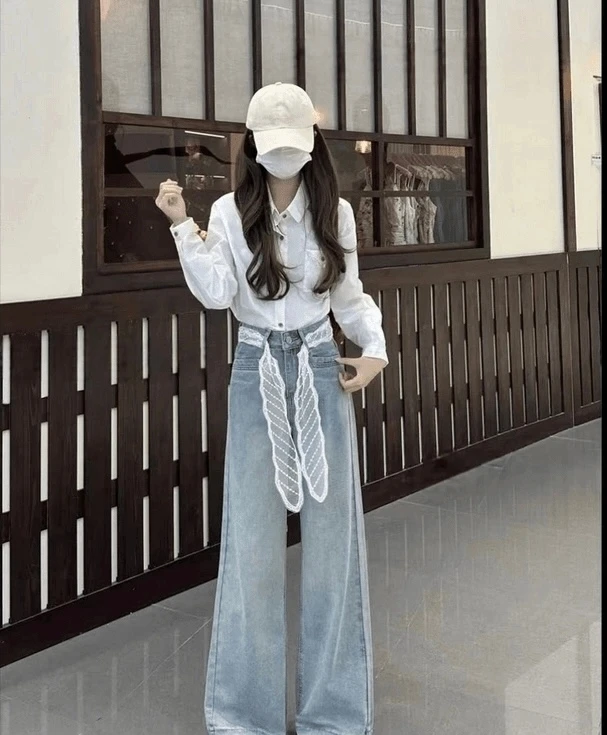 【现货+运费险】2025早秋新款冰川蓝韩版高腰阔腿直筒牛仔裤女百搭