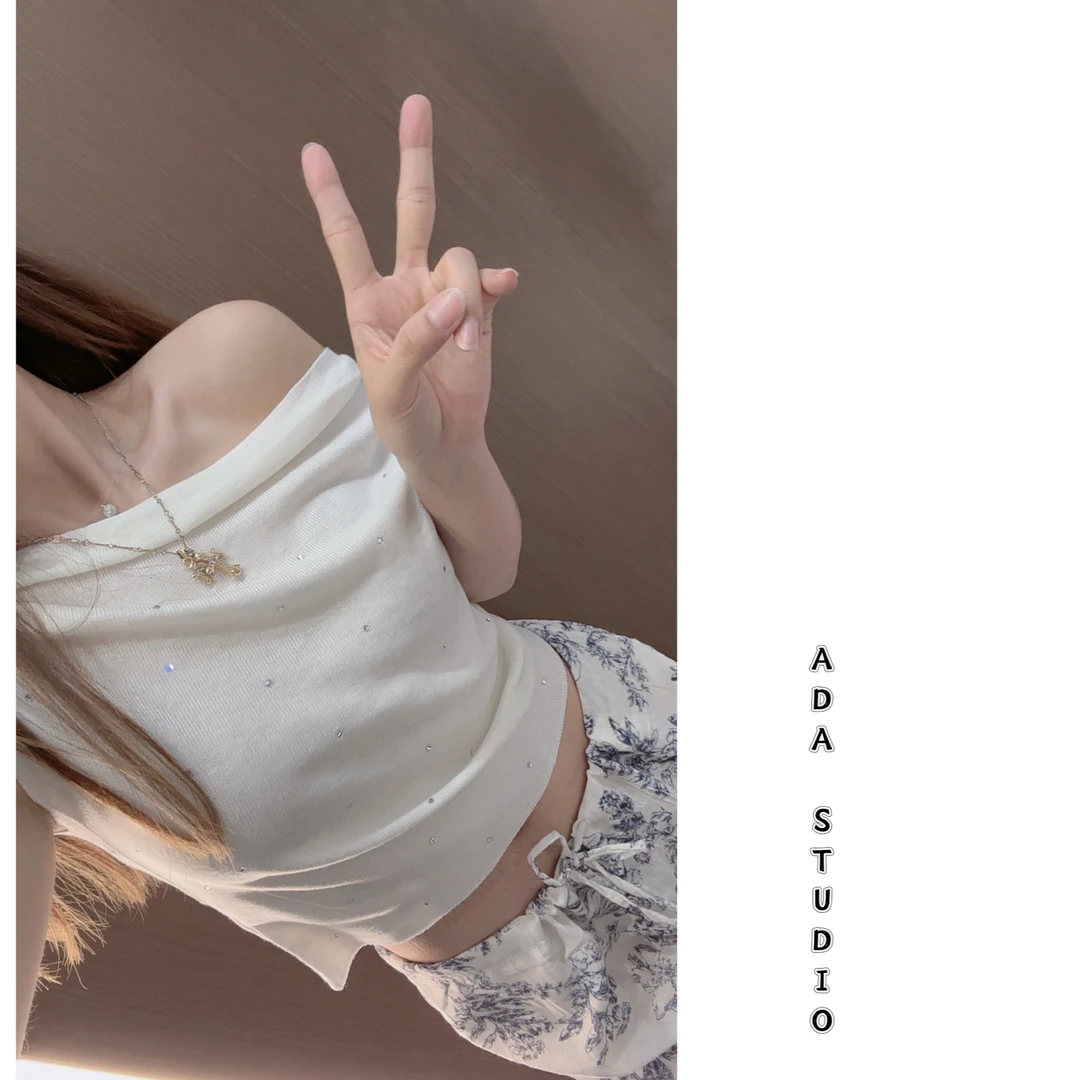 Ada定制【松弛老钱】一字肩荡领烫钻针织短袖T恤慵懒褶皱显瘦上衣