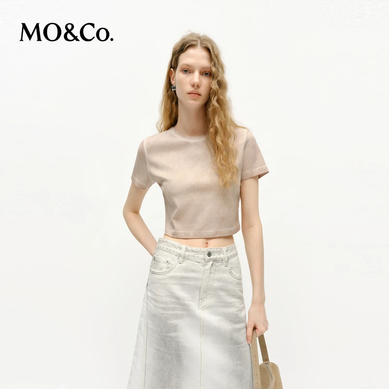 MOCO短袖T恤2025春新品洗褪做旧棉质烫钻短款圆领正肩MBE1TEE019