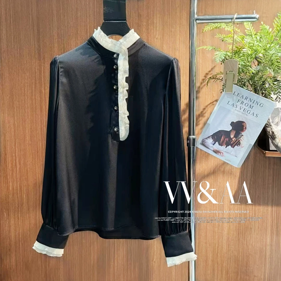 VV&AA 雾野山茶 桑蚕丝衬衫女木耳领法式名媛风衬衣 D5819
