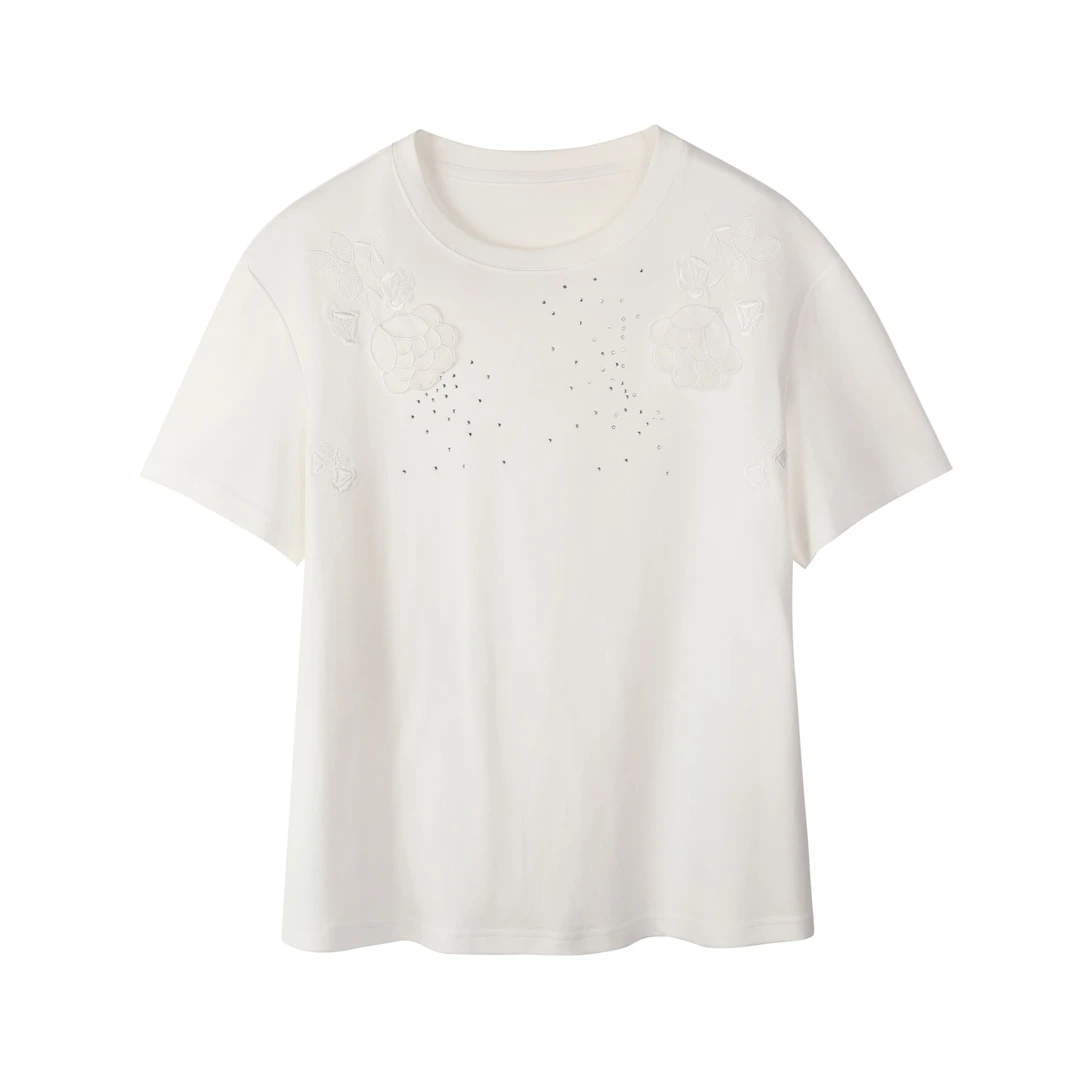 【鄂R订单】圆机直身宽松T恤女圆领立体刺绣花朵短袖0081