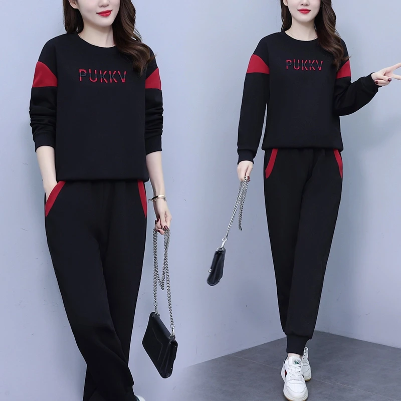 时尚套装女2025春季新款时尚减龄卫衣刺绣线条休闲简约两件套