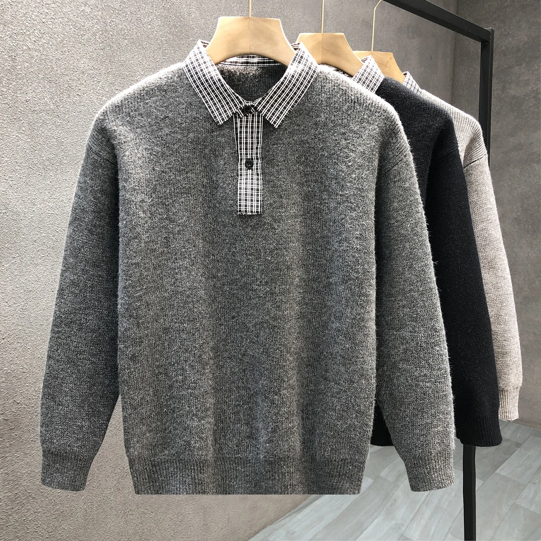郎的高级感假两件衬衫领毛衣男款潮牌内搭针织衫冬季保暖加厚线衣