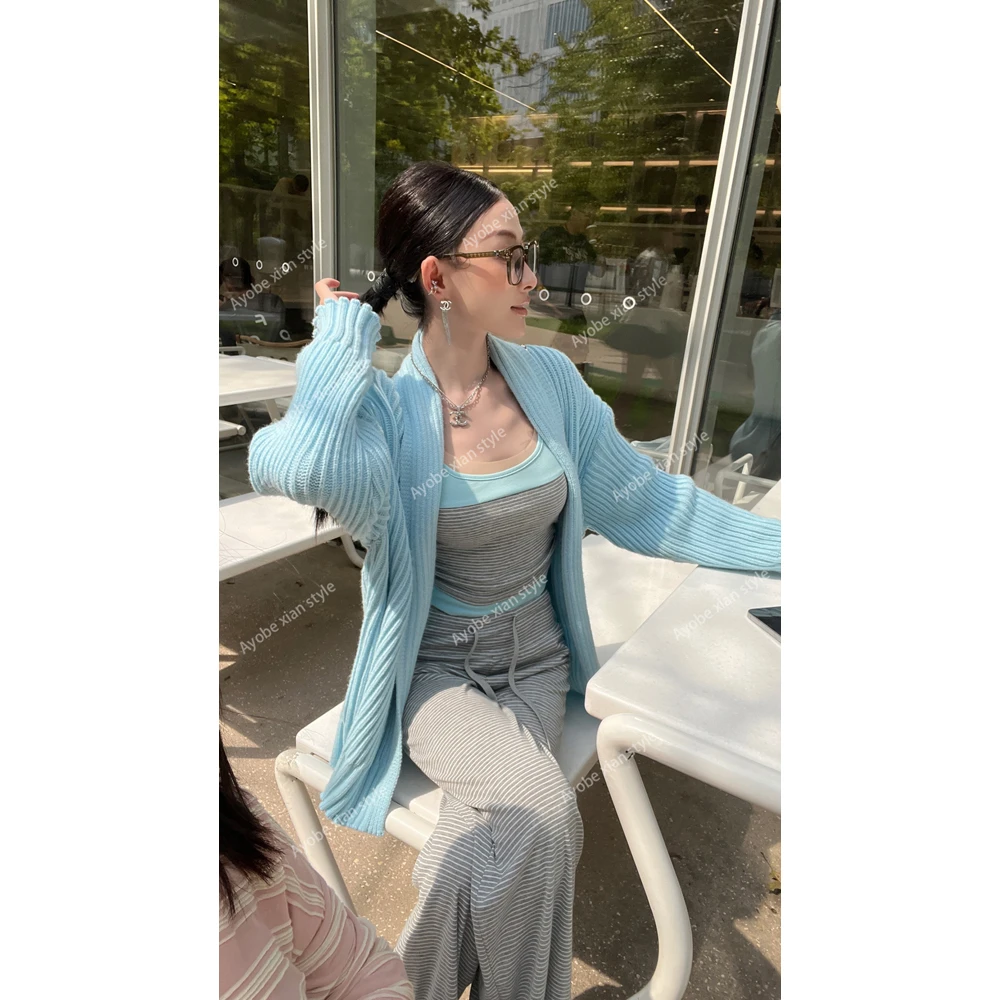 【AYOBE】小贤  早秋气质慵懒天菜辣妹撞色条纹吊带+长裤