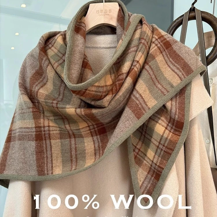 100%WOOL格林灰绿！围巾女冬季保暖高级感三角巾披肩围脖两用