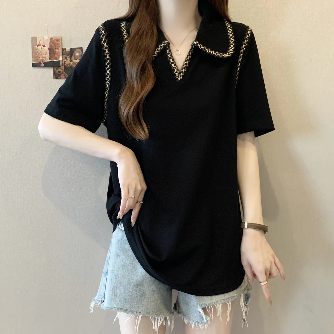大码女装复古气质遮肚子POLO领打底衫女夏季胖mm宽松显瘦正肩上衣