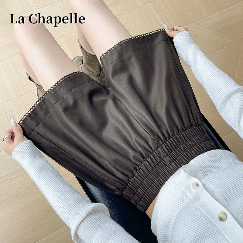 拉夏贝尔秋冬新款PU皮短裤外穿显瘦高腰蕾丝拼接a字休闲阔腿靴裤