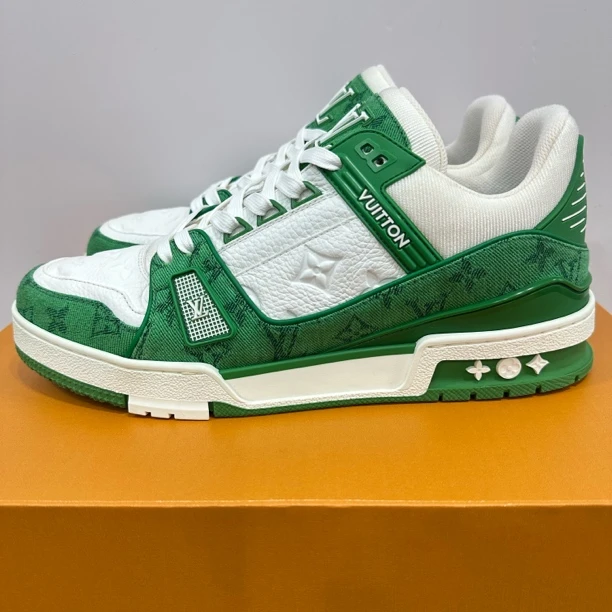 99新 LouisVuitton/路易威登 42码 trainer 白绿牛仔 低帮板鞋