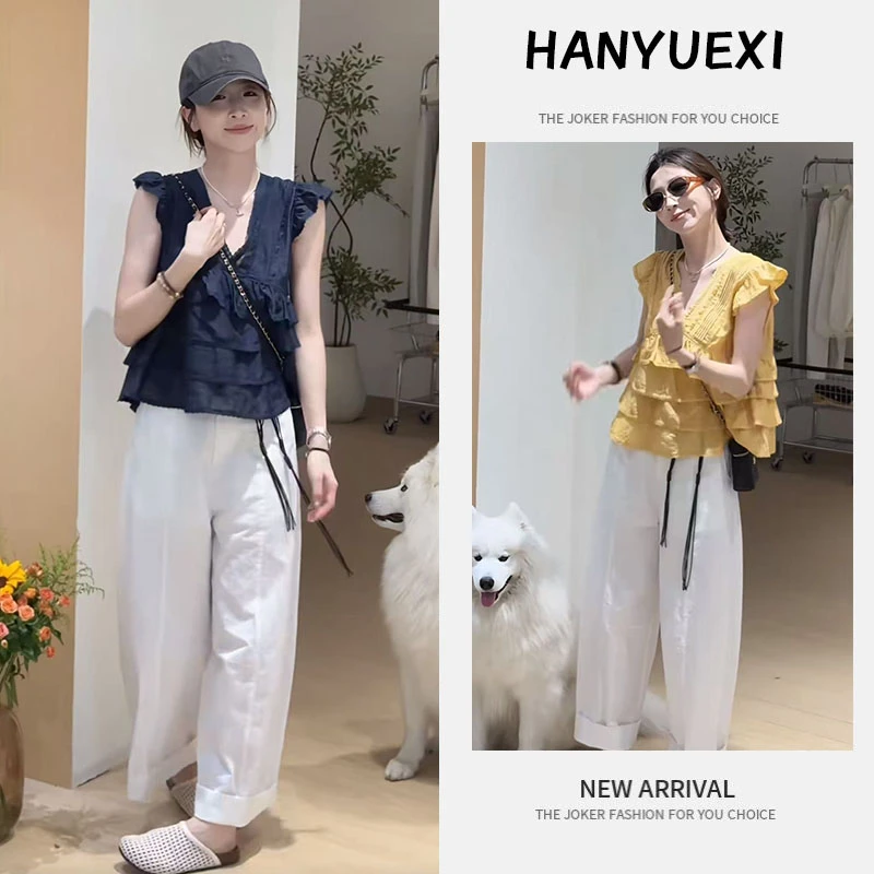 今年流行穿搭一整套2025新款压褶显瘦小飞袖上衣宽松直筒裤两件套