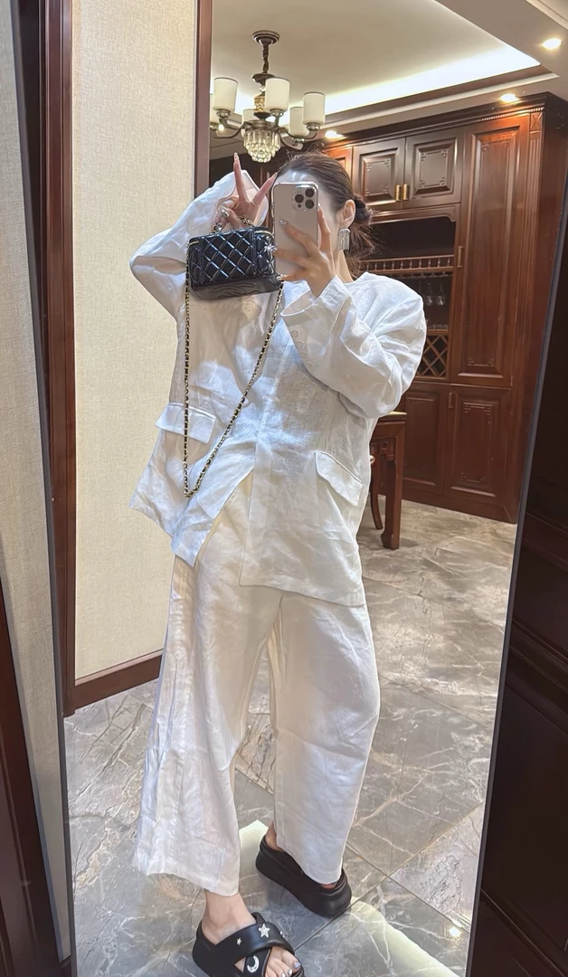 麻料防晒罩衫圆领长袖麻料衬衫女宽松慵懒2025夏