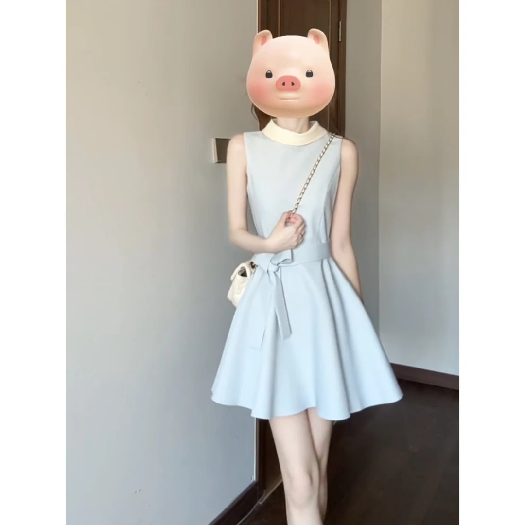 parkyeon赫本风无袖连衣裙夏季系带收腰显瘦千金感气质蓬蓬裙女