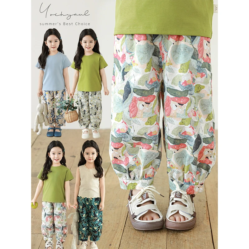 幼悠女童花卉印花防蚊裤子2025夏季元气儿童可爱宽松阔腿裤X5329