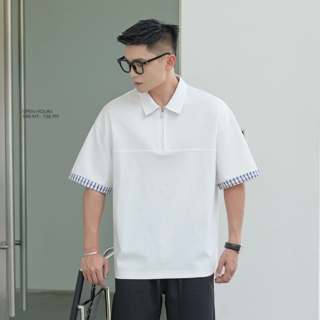 二十二号穿搭【精致老钱风】雅痞格子假两件夏季拉链翻领短袖polo衫