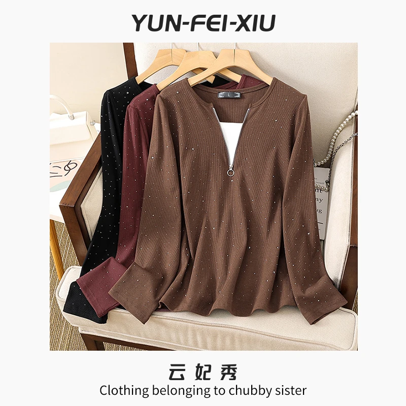 云妃秀大码女装针织衫休闲微胖烫钻假两件气质减龄春季31050