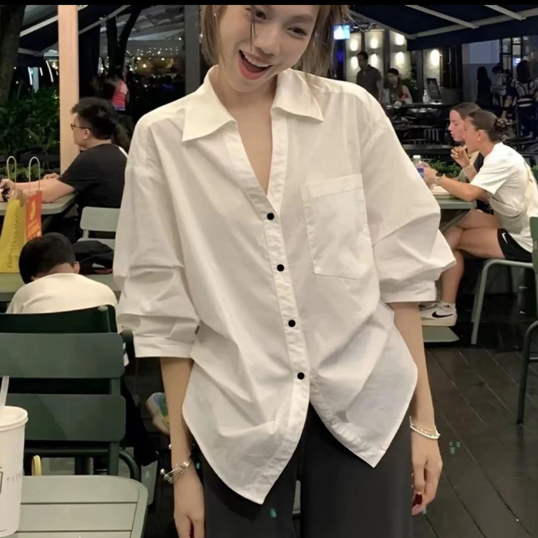 韩系chic简约百搭长袖衬衫女装夏季新款通勤休闲宽松显瘦衬衣上衣