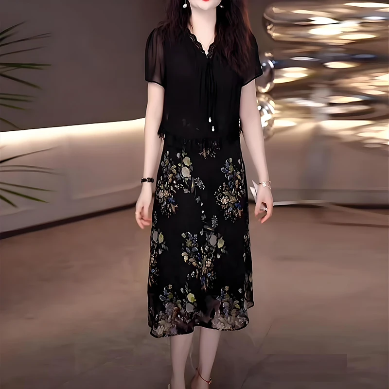 时尚气质假两件连衣裙女2025夏季新款女士优雅显瘦减龄漂亮中长裙