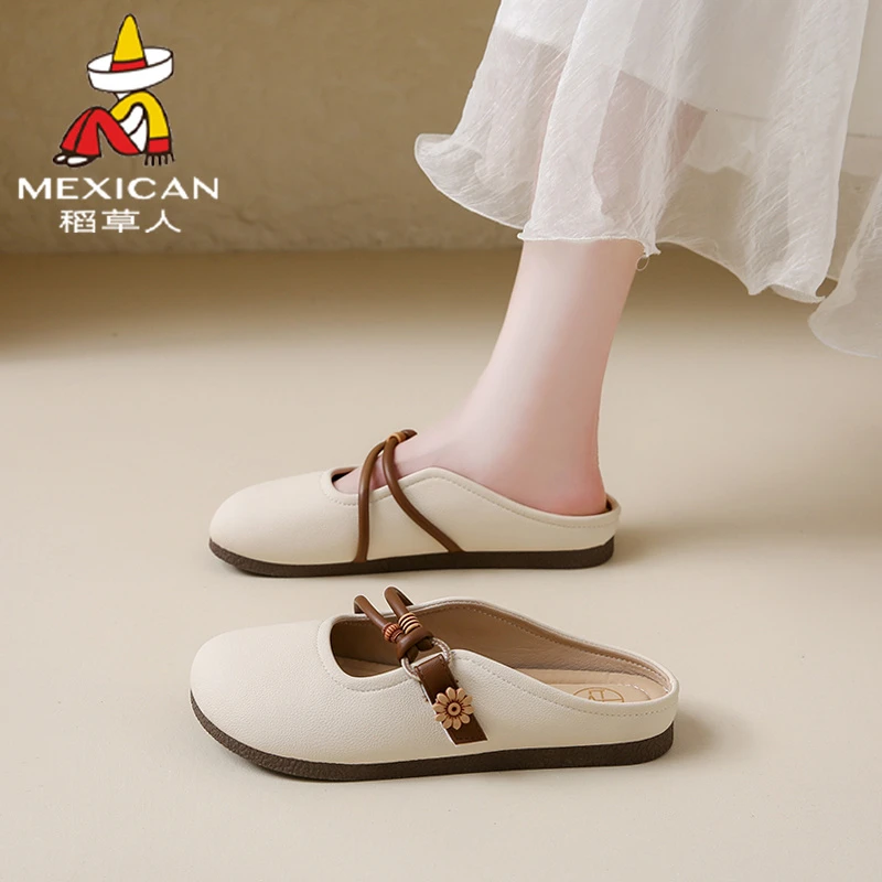 稻草人女鞋玛丽珍包头半拖鞋夏季外穿懒人单鞋森系软底法式凉拖鞋