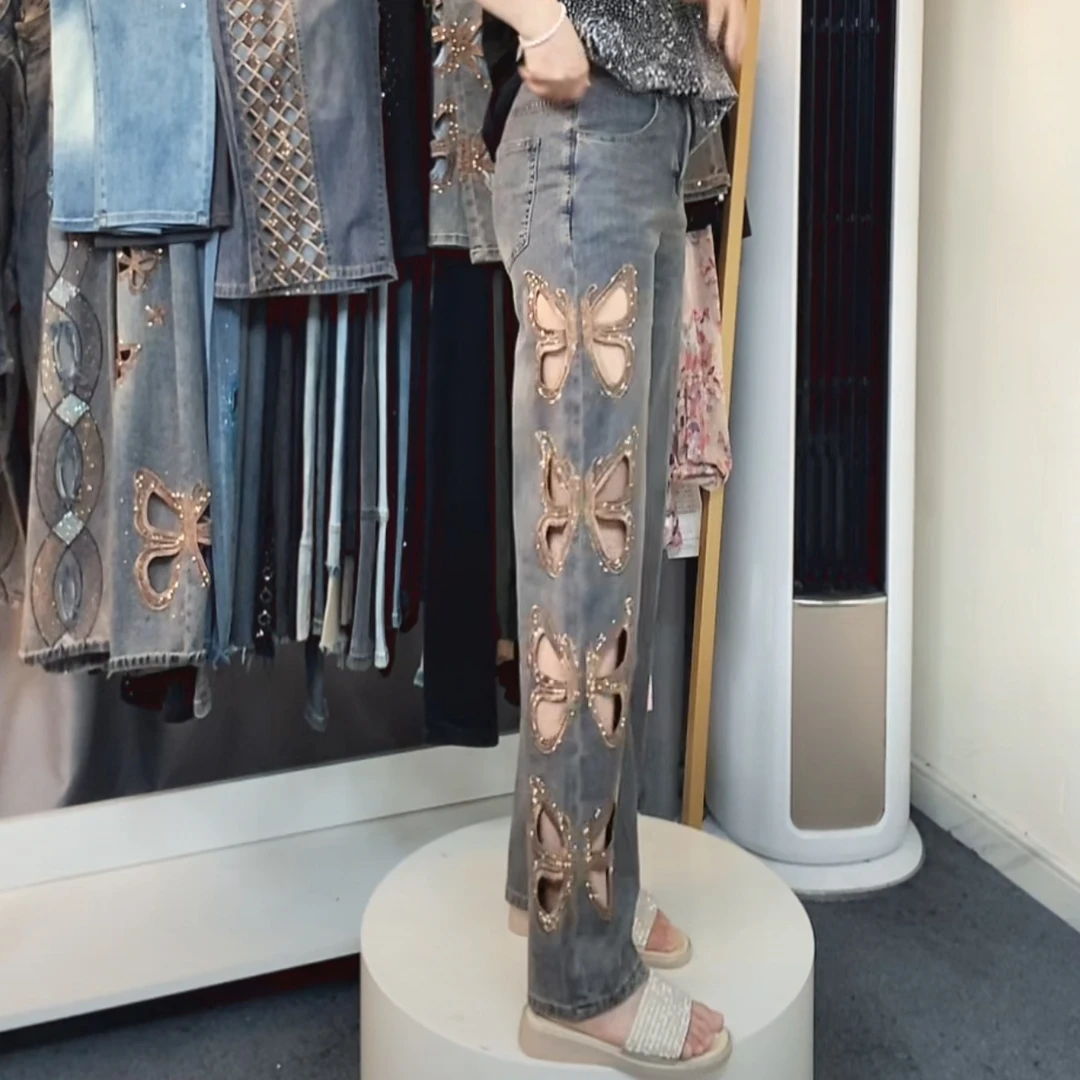 2025夏新款高腰百搭复古蝴蝶镂空阔腿牛仔裤女小众设计直筒拖地裤