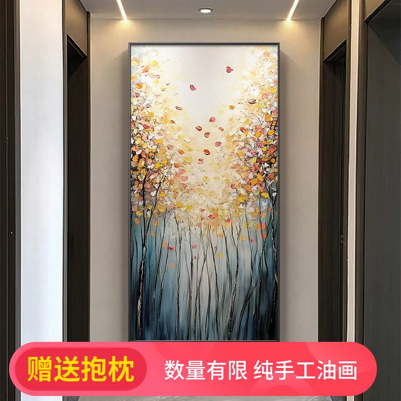 金色发财树大芬村油画抽象纯手绘玄关肌理画竖版走廊尽头过道挂画