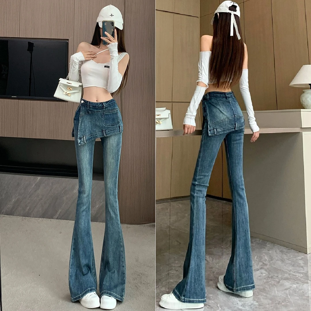 2025春秋复古蓝美式辣妹假两件微喇叭牛仔裤裙高腰修身显瘦拖地裤