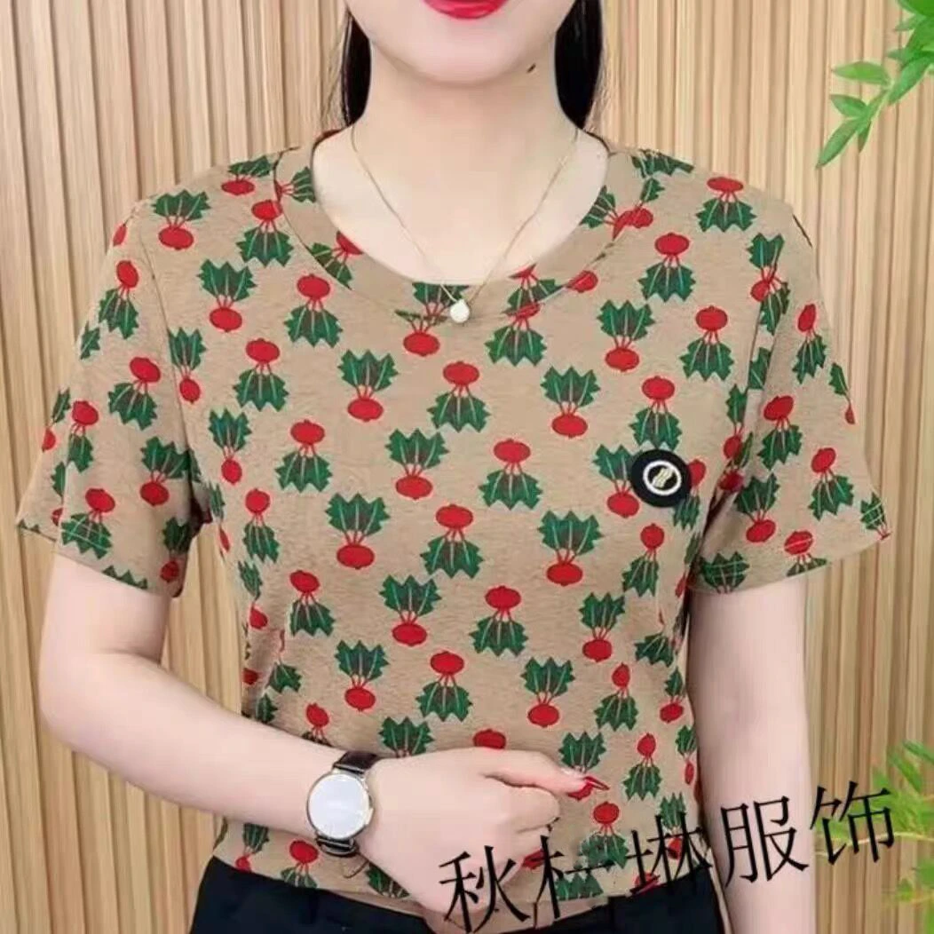 薄款冰丝夏季宽松短袖T恤女碎花时尚减龄百搭洋气妈妈装遮肉小衫