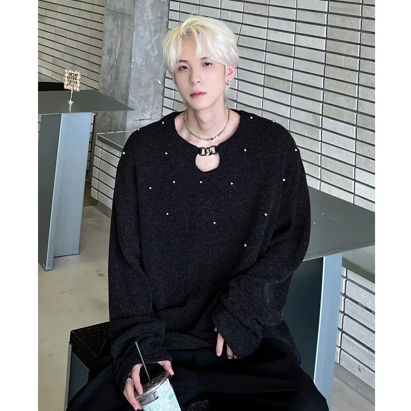 秋季禁欲系锁链套头针织打底衫男小众铆钉设计感美式痞帅毛衣休闲