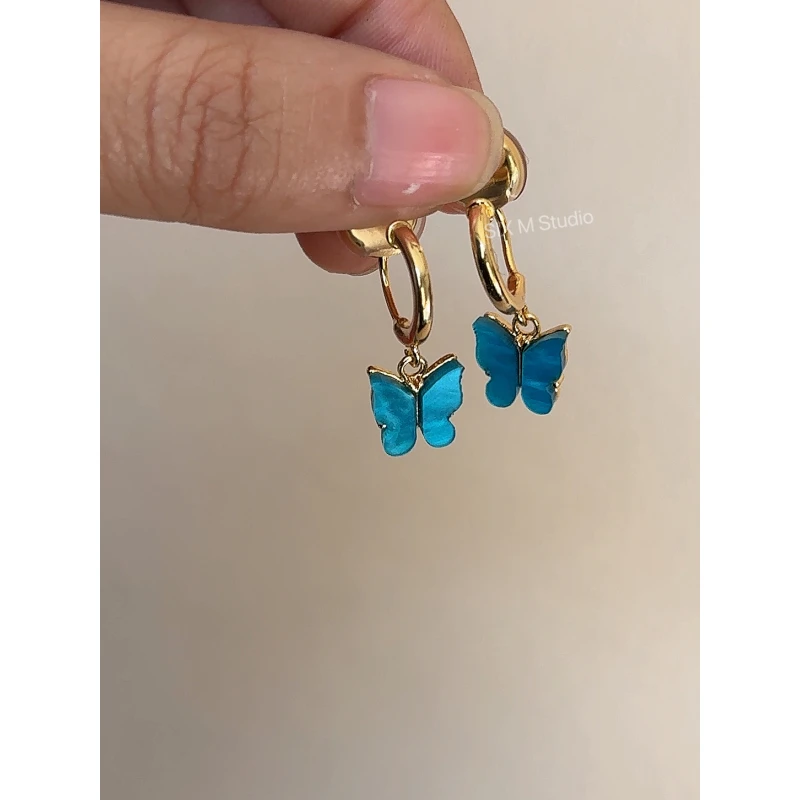 铁合金耳饰 蓝色蝴蝶一体式耳夹耳钉小众气质女新中式耳夹