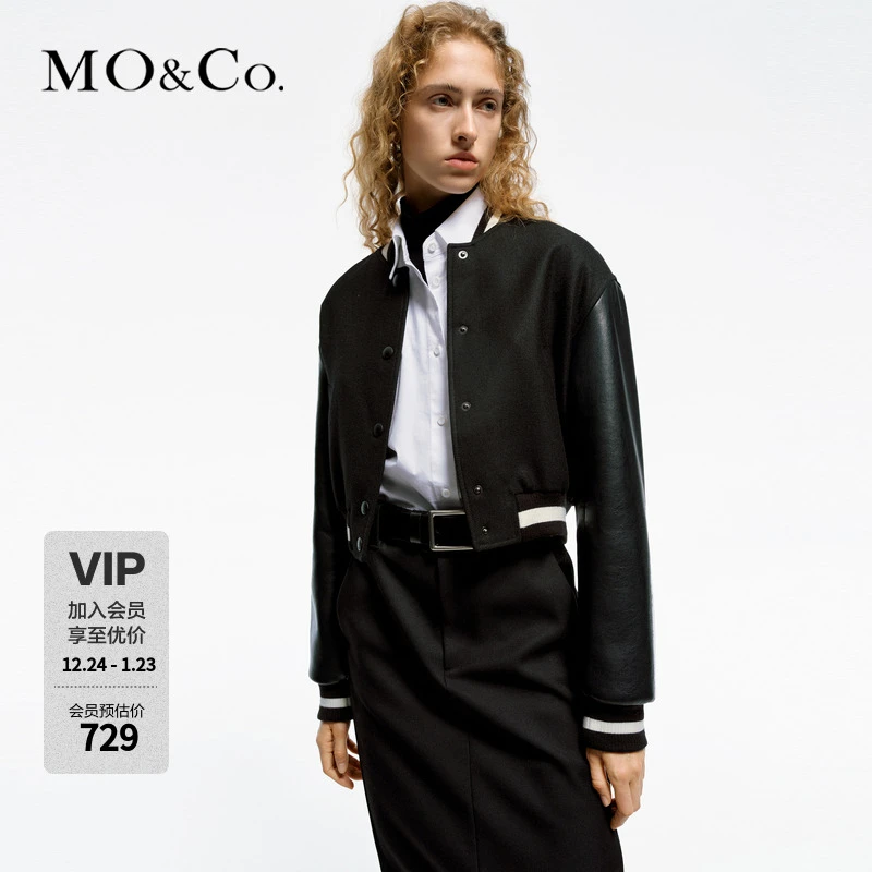 MOCO素皮毛呢拼接短款黑色棒球服夹克外套MBD1JKT021