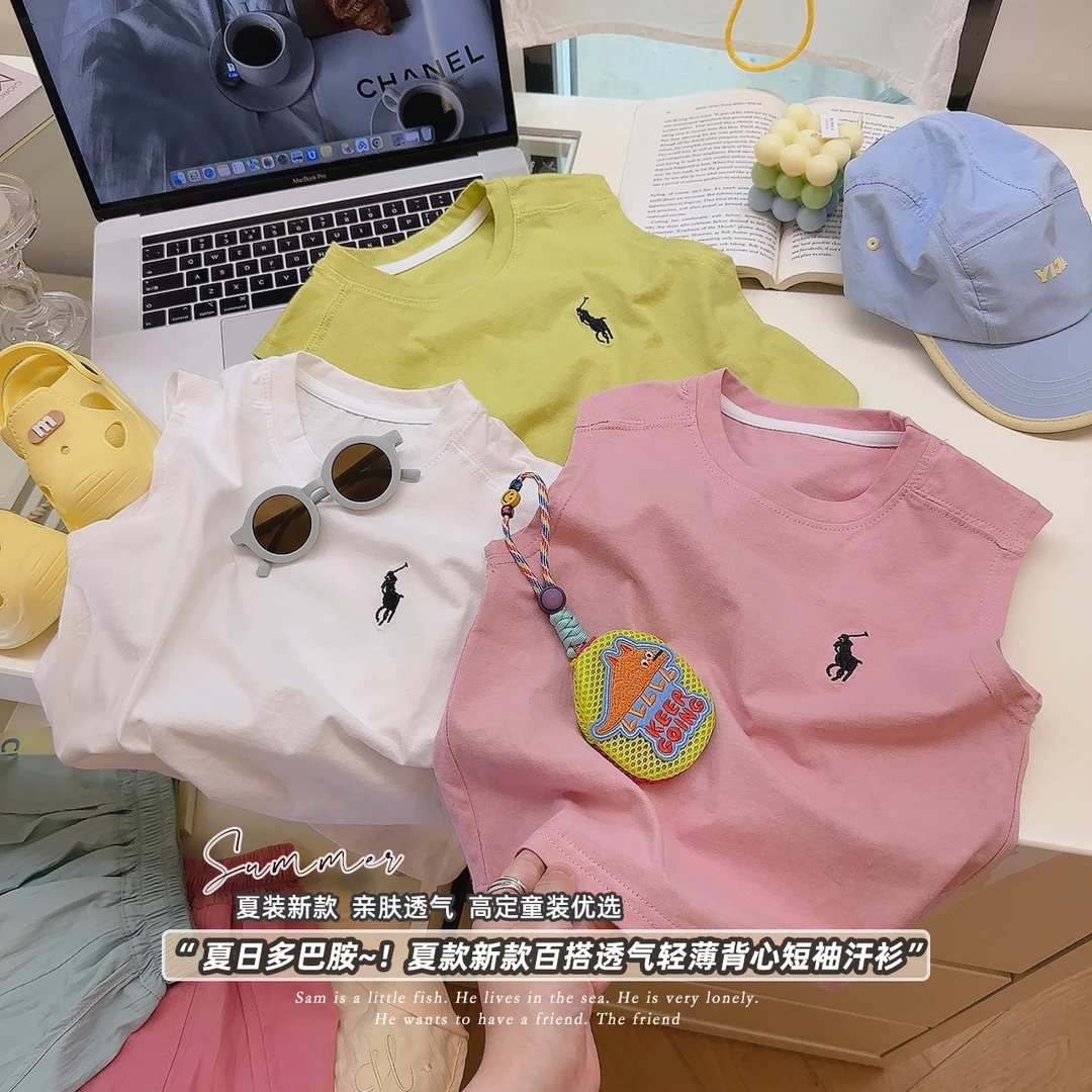 夏季新款儿童小马刺绣无袖背心男童纯色时尚坎肩T恤上衣