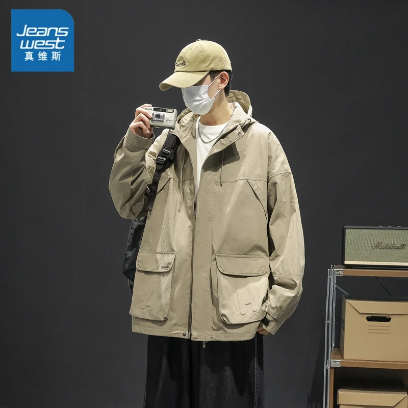 真维斯字母标设计感大口袋连帽夹克男士秋冬新款工装休闲潮牌外套