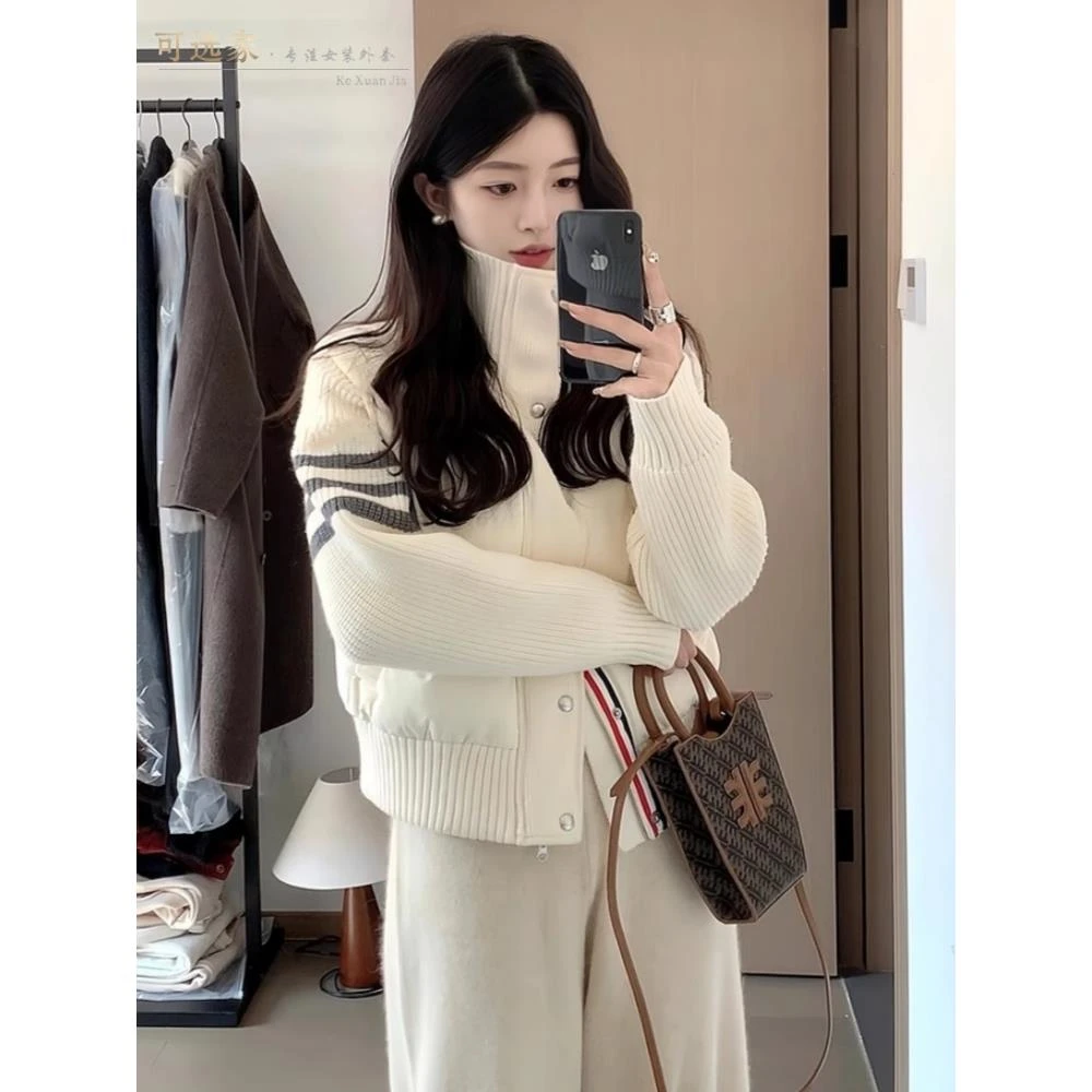 针织拼接棉服女2025年冬季新款小个子短款立领加厚棉衣外套潮