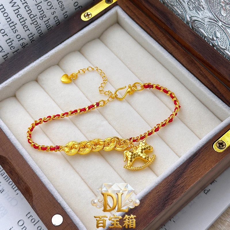 铜合金吊坠 新中式碎冰五帝钱小木马手链马上有钱红绳手链送礼NY