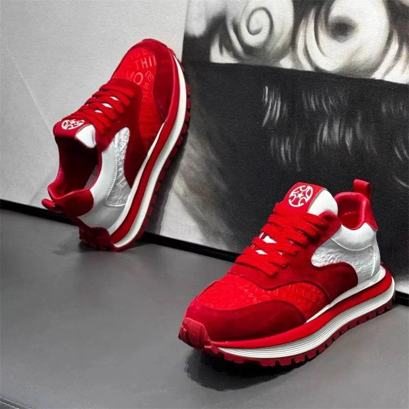 欧洲站男鞋秋冬青少年百搭休闲运动鞋厚底增高红色华夫阿甘老爹鞋