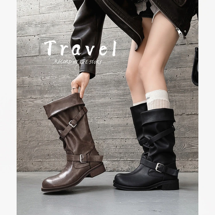 沙丘废土风中筒靴2025秋冬季新款真皮短筒女靴子中跟西部靴瘦瘦靴