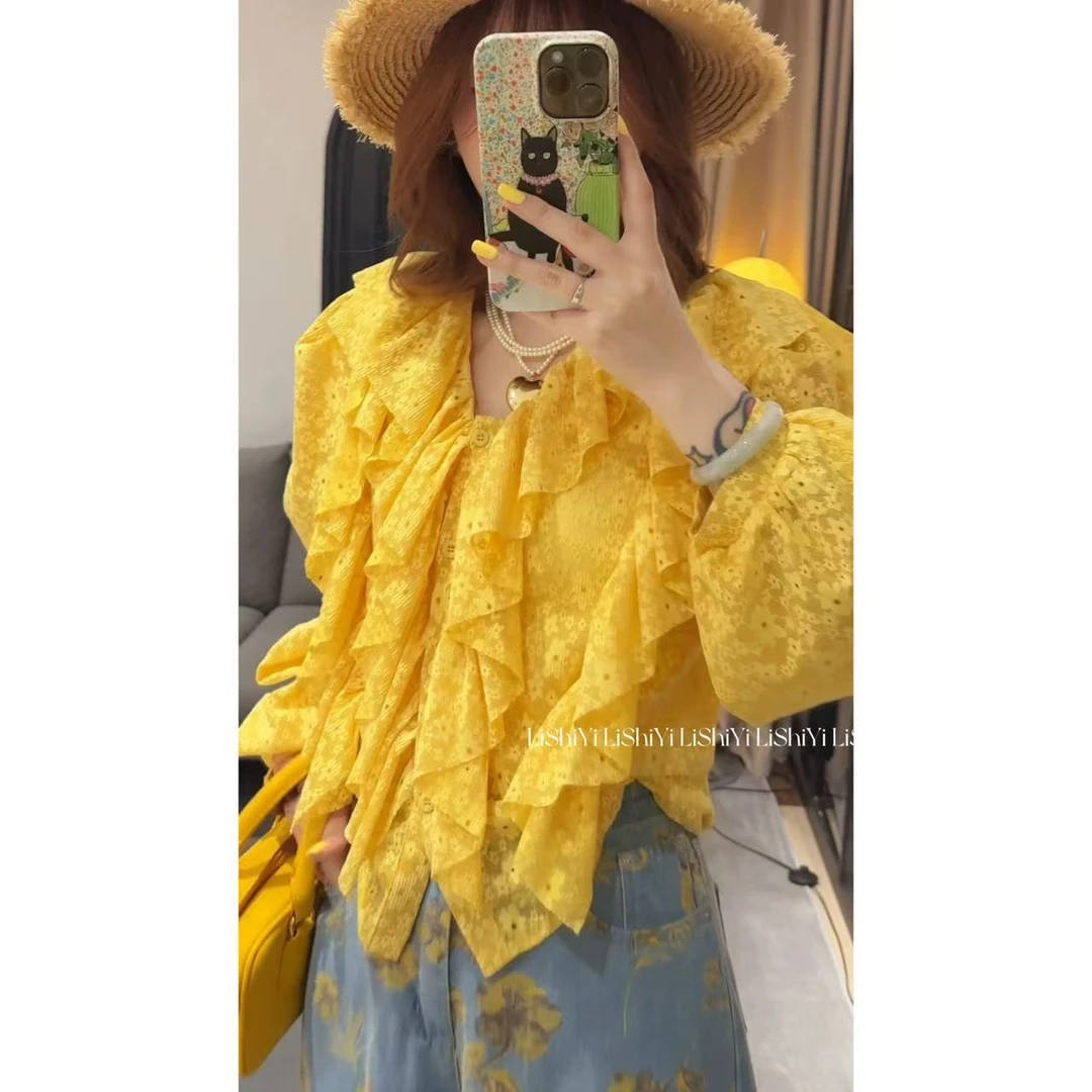 【李十一LISHIYI】法式蕾丝花边V领衬衫#  56623