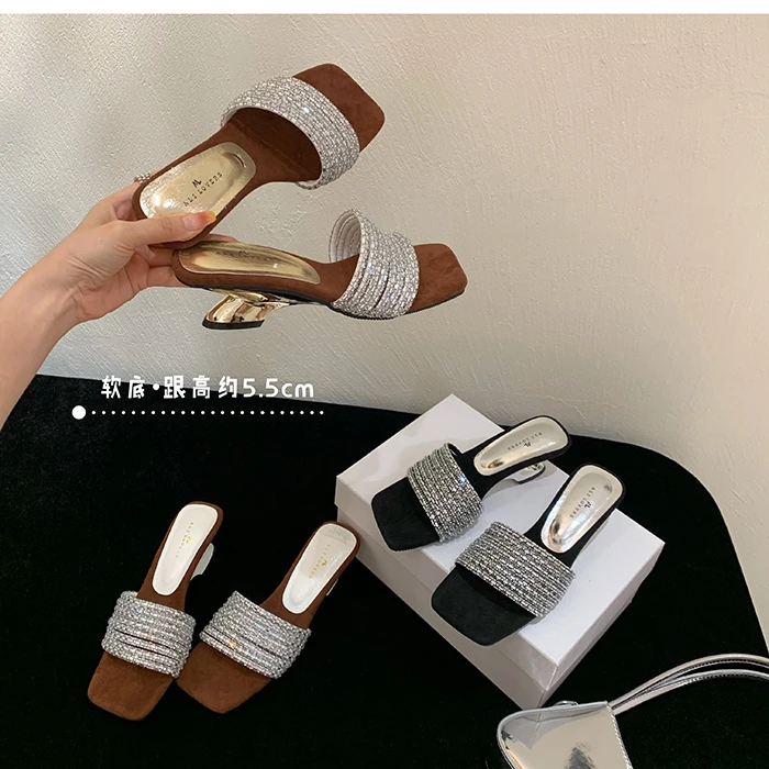 小众轻奢水钻一字带一字带坡跟凉拖鞋女气质高跟鞋女鞋异形跟拖鞋