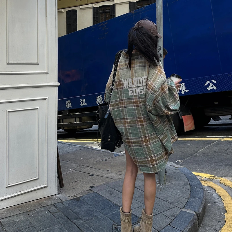 韩好甜WARDEN EDGE高街配方 美式格子衬衫女新款宽松气质长袖上衣