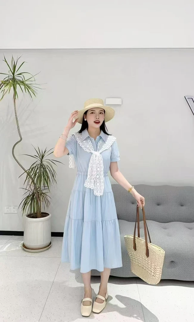 松紧腰翻领性感风法式褶皱连衣裙裙子旗袍绣花小清新女装夏装