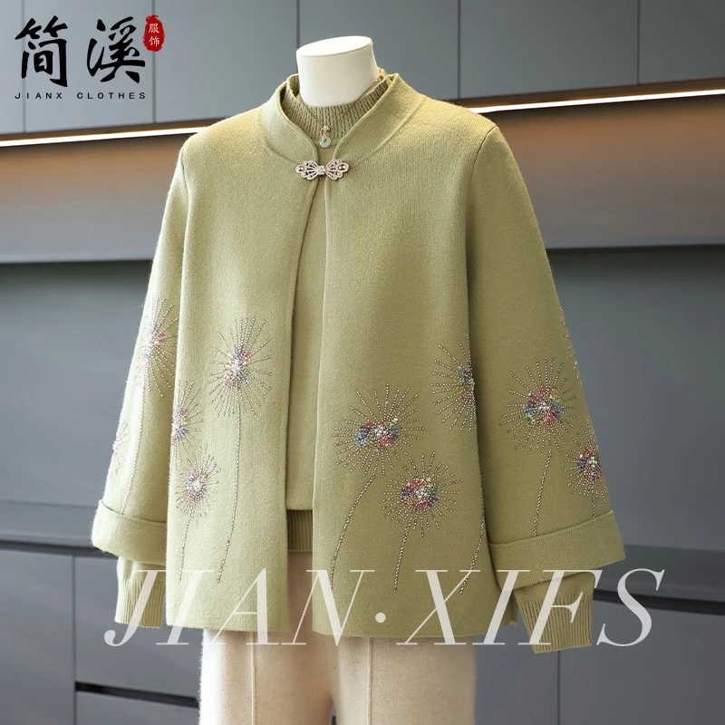 简溪中老年刺绣针织两件套秋冬装新上衣奶奶大码妈妈装两件套