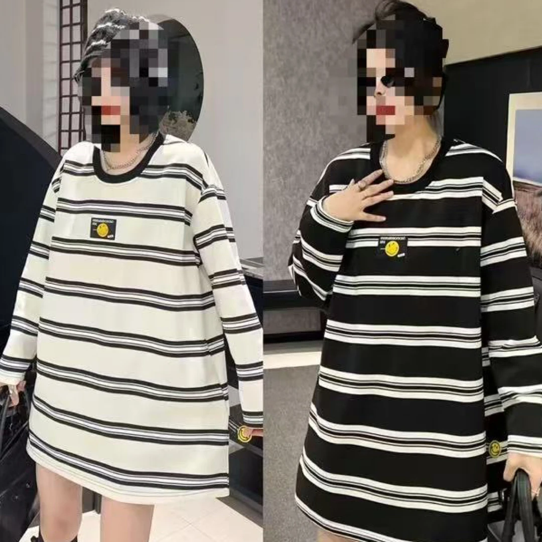 大码女装秋冬打底衫女韩版洋气圆领拼接撞色条纹长袖上衣85237