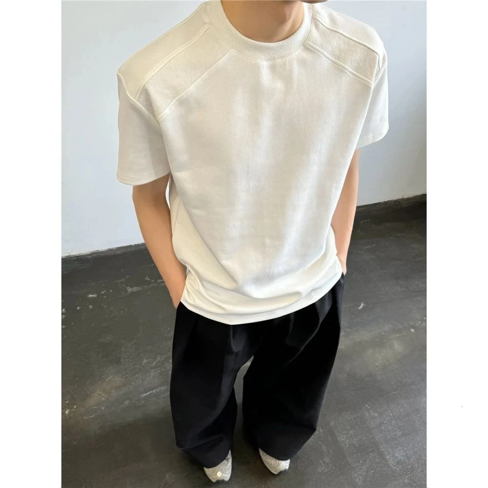 夏季重磅纯棉300G新款正肩T恤男拼接设计感短袖百搭高级感宽松潮