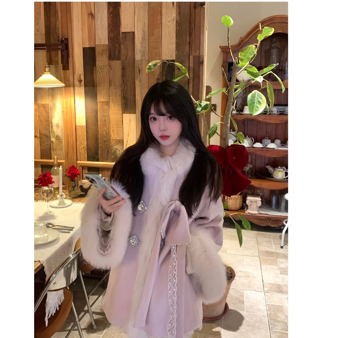 雪国千金 秋冬新款甜美气质毛领粉色大衣女温柔小众毛呢外套