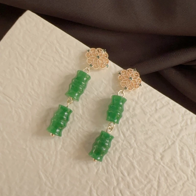 合金耳饰 【节节高升】耳钉气质时尚绿色复古长款满绿手作小众